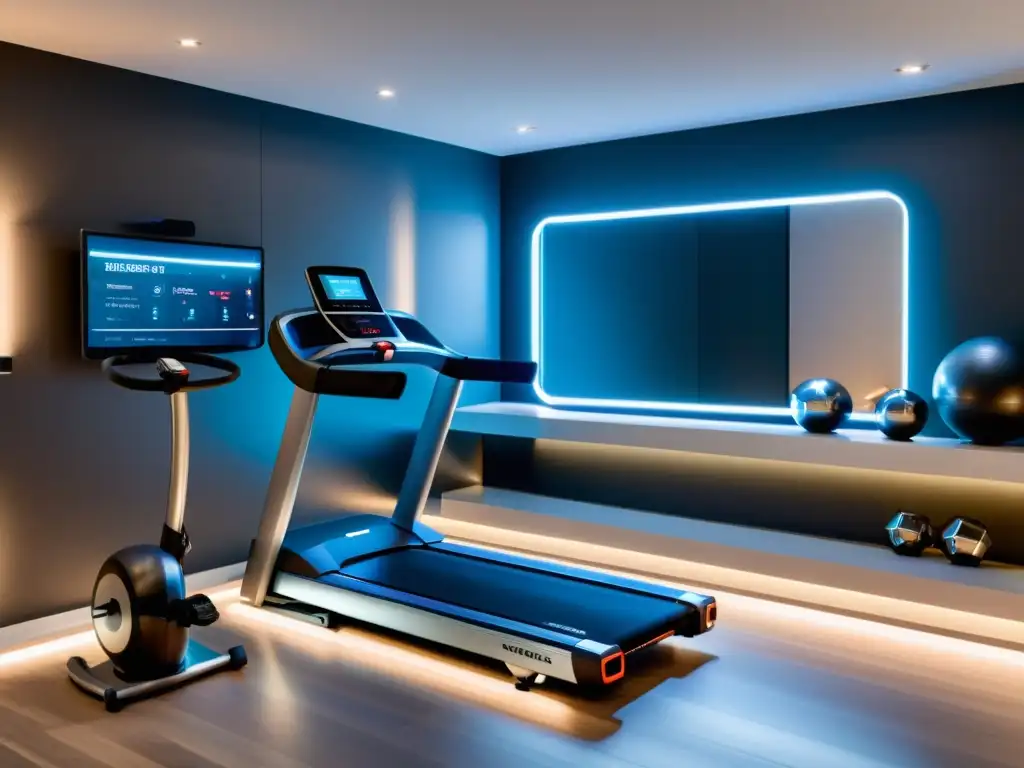 Equipos de ejercicio inteligentes para hogar: Moderno gimnasio en casa con equipamiento futurista y ambiente sofisticado