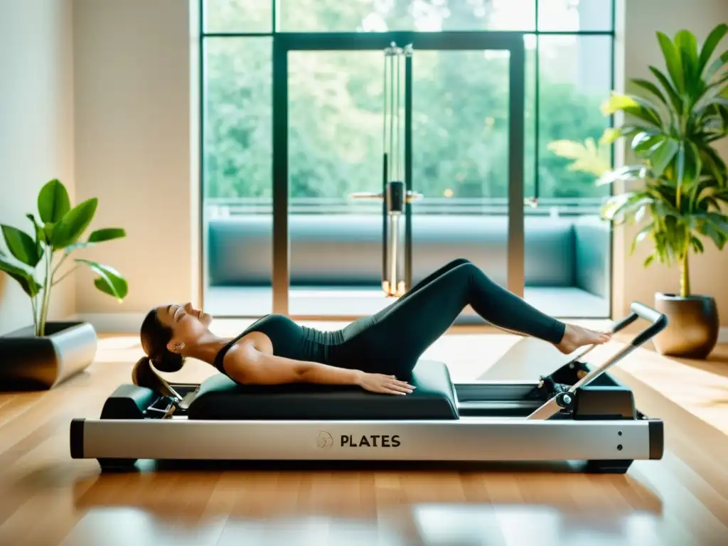 Equipos inteligentes para Pilates en casa: Estudio luminoso con reformador moderno, instructor y cliente practicando