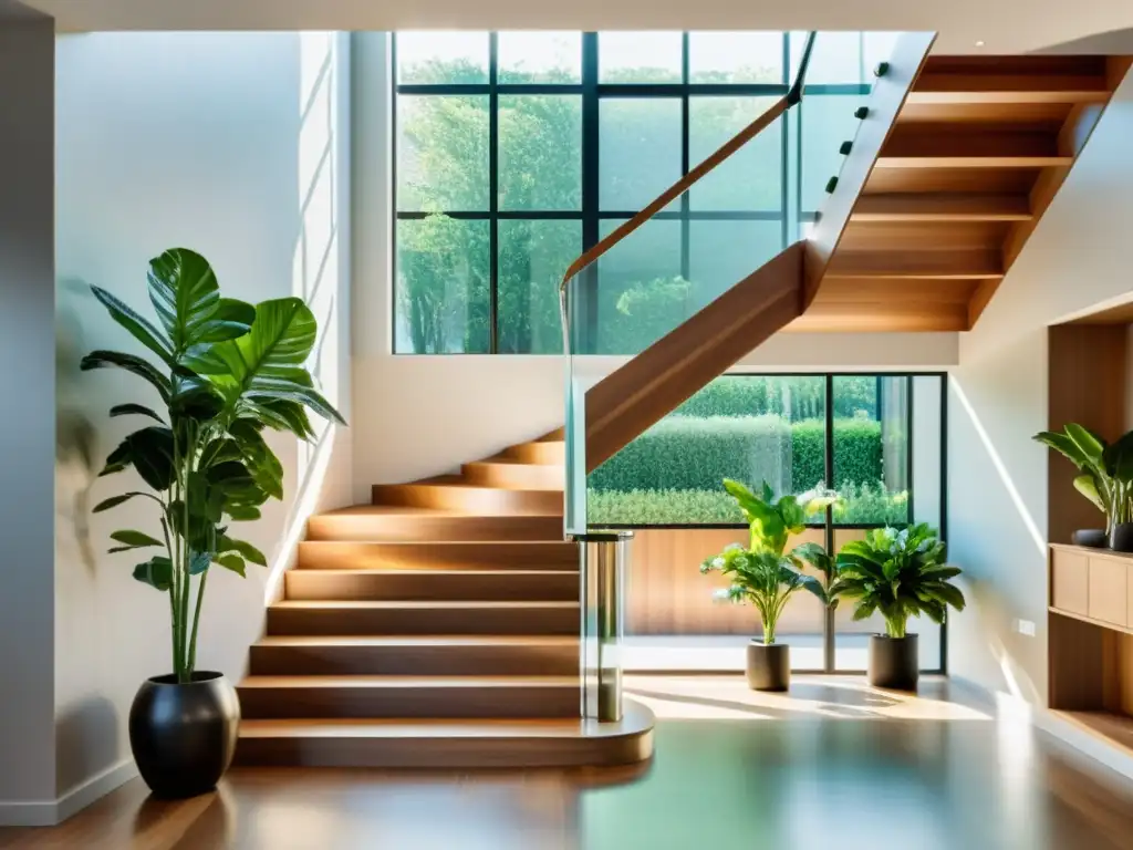 Una escalera ideal para mantenimiento hogar, con un diseño moderno y elegante, rodeada de plantas y arte minimalista, iluminada y espaciosa