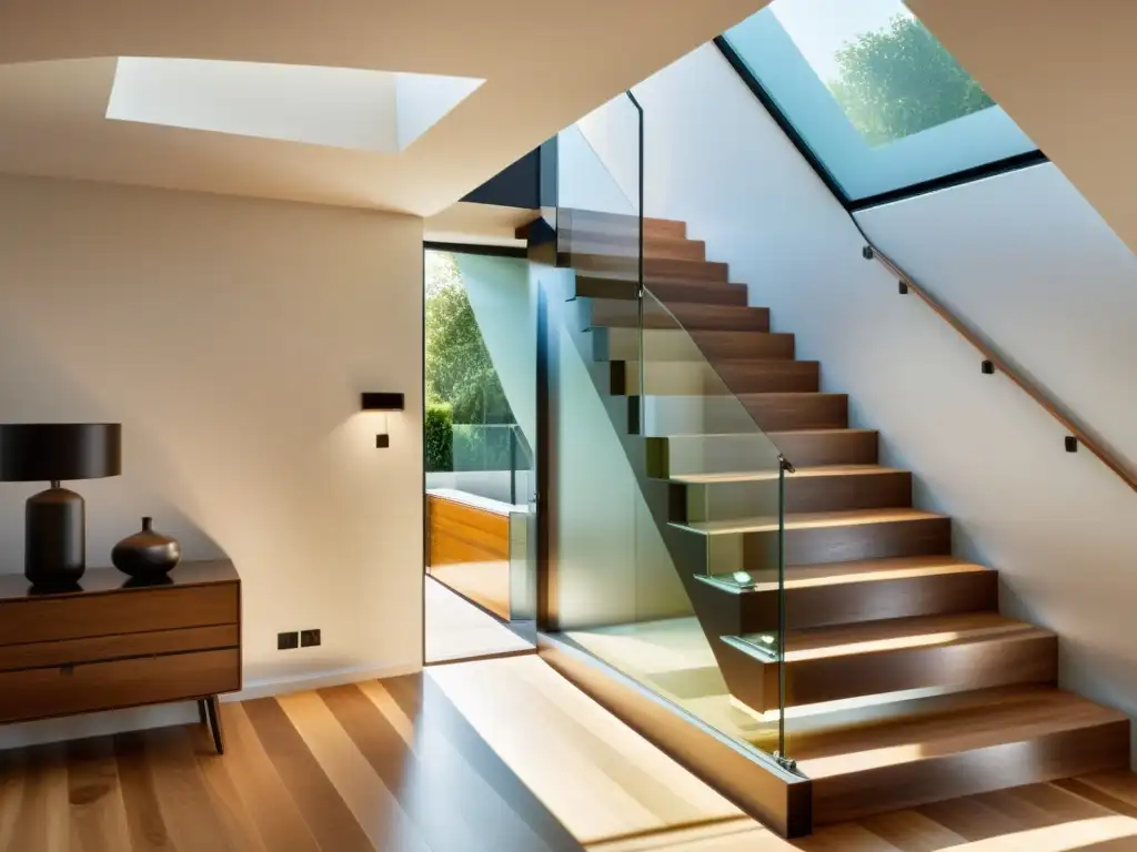 Escalera de madera y cristal, iluminando un ático ordenado con herramientas, ideal para mantenimiento hogar