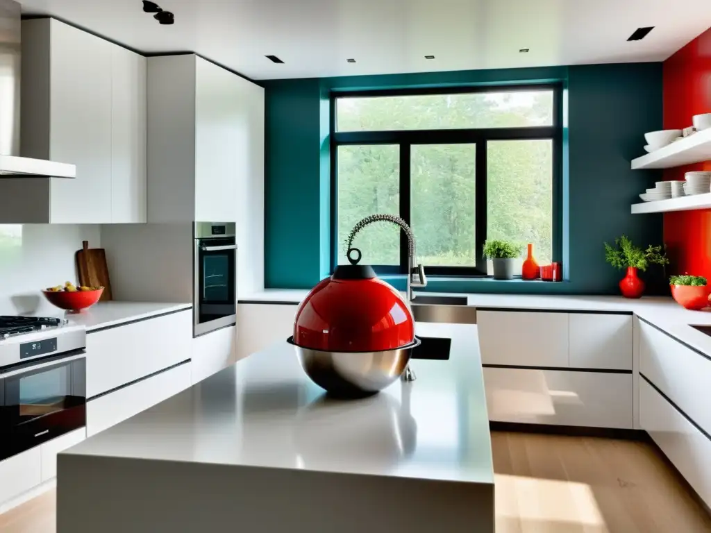 Diseño escandinavo en hogar con electrodomésticos modernos, cocina minimalista y toque de color vibrante en la encimera