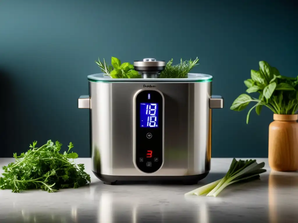 Una escena de cocina de alta tecnología con el mejor equipo sous vide para casa, rodeado de ingredientes frescos y un temporizador digital