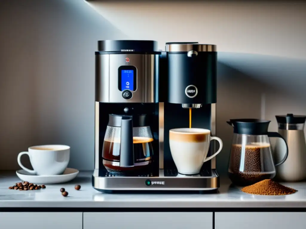 Escena elegante de preparación de café con cafetera moderna con conexión WiFi, granos de café frescos y tazas ordenadas