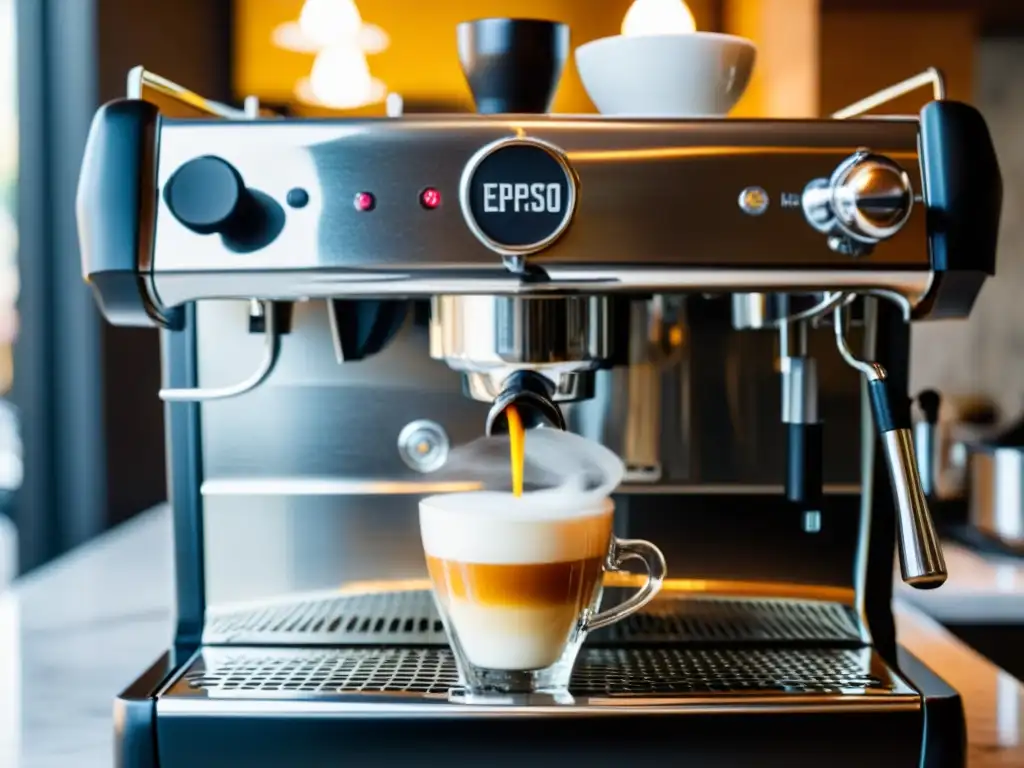 Una escena moderna de barista preparando un exquisito café en una elegante cafetera, ambiente sofisticado y de calidad