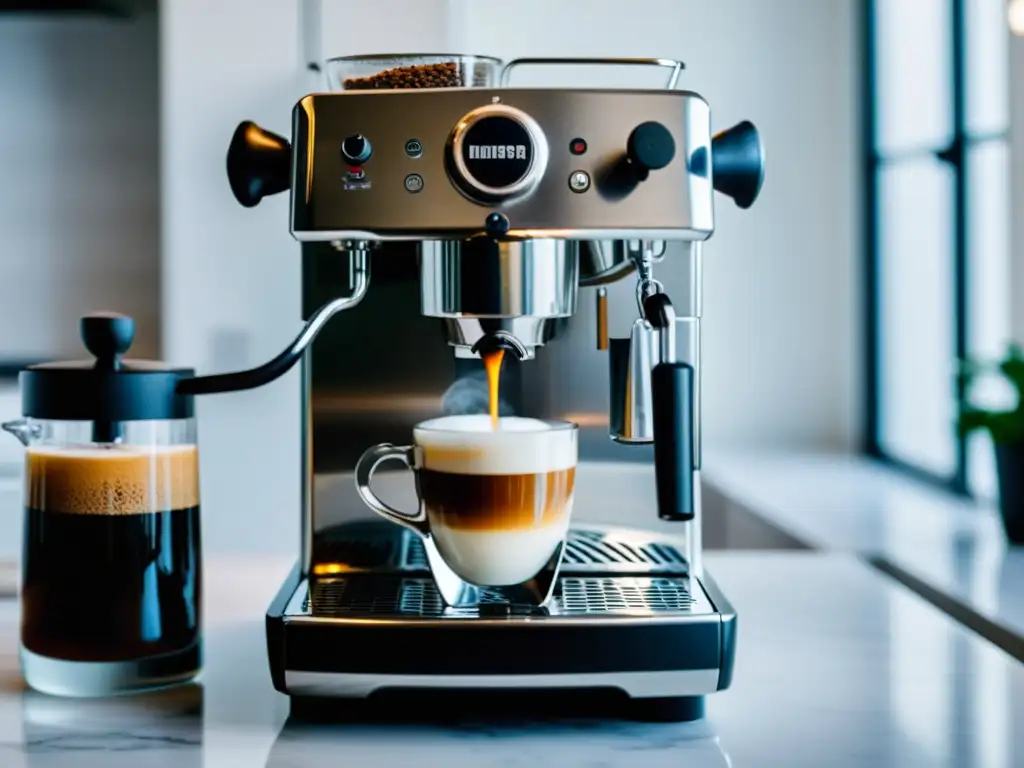 Una escena perfecta: una moderna cafetera de acero inoxidable preparando el mejor café en una cocina blanca y limpia