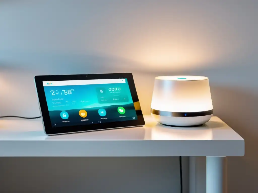 Escena sofisticada de tablet y dispositivos smart home en mesa blanca brillante