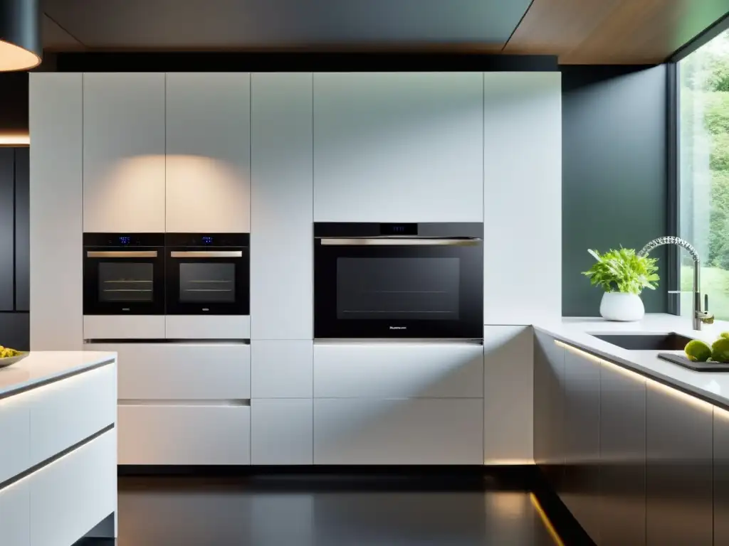 Espacio de cocina futurista con electrodomésticos inteligentes para casa, integrados en mobiliario minimalista blanco y luz suave