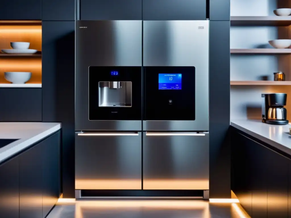 Espacio de cocina futurista con electrodomésticos conectados IoT para la gestión del hogar, integrados de manera elegante en el diseño