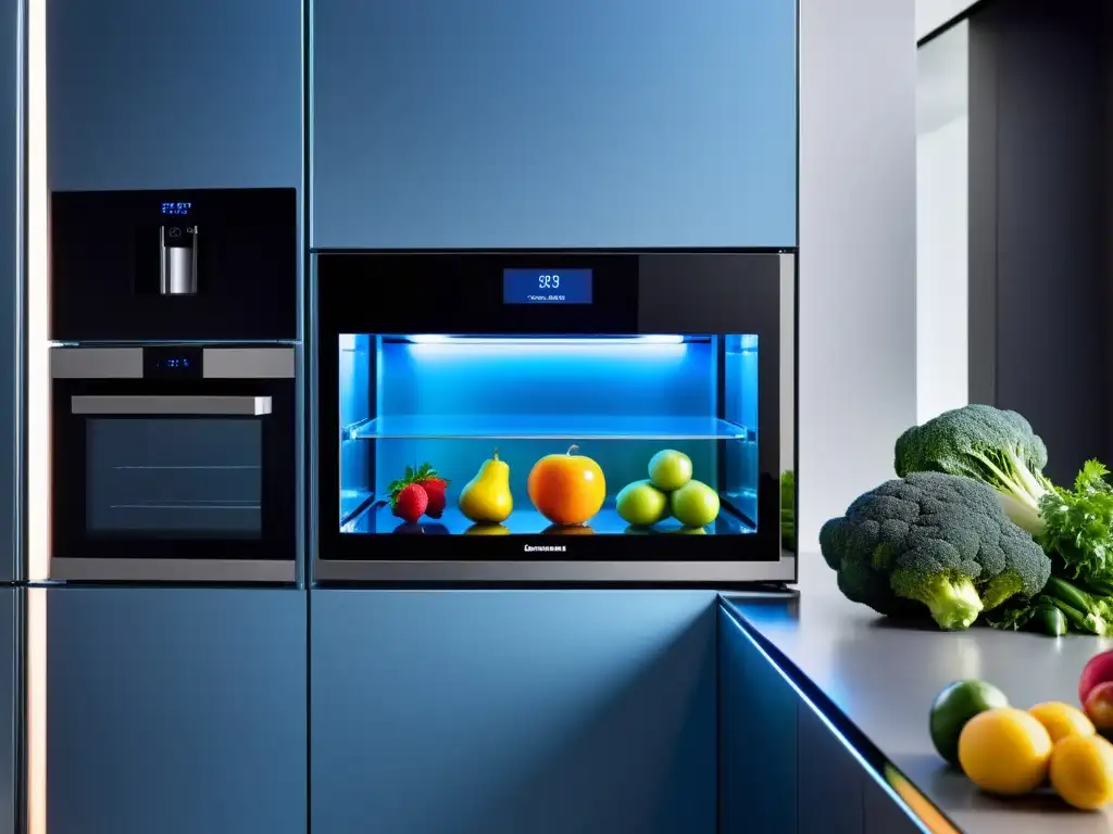 Espacio de cocina futurista con electrodomésticos integrados y diseño minimalista, iluminado por un suave resplandor azul