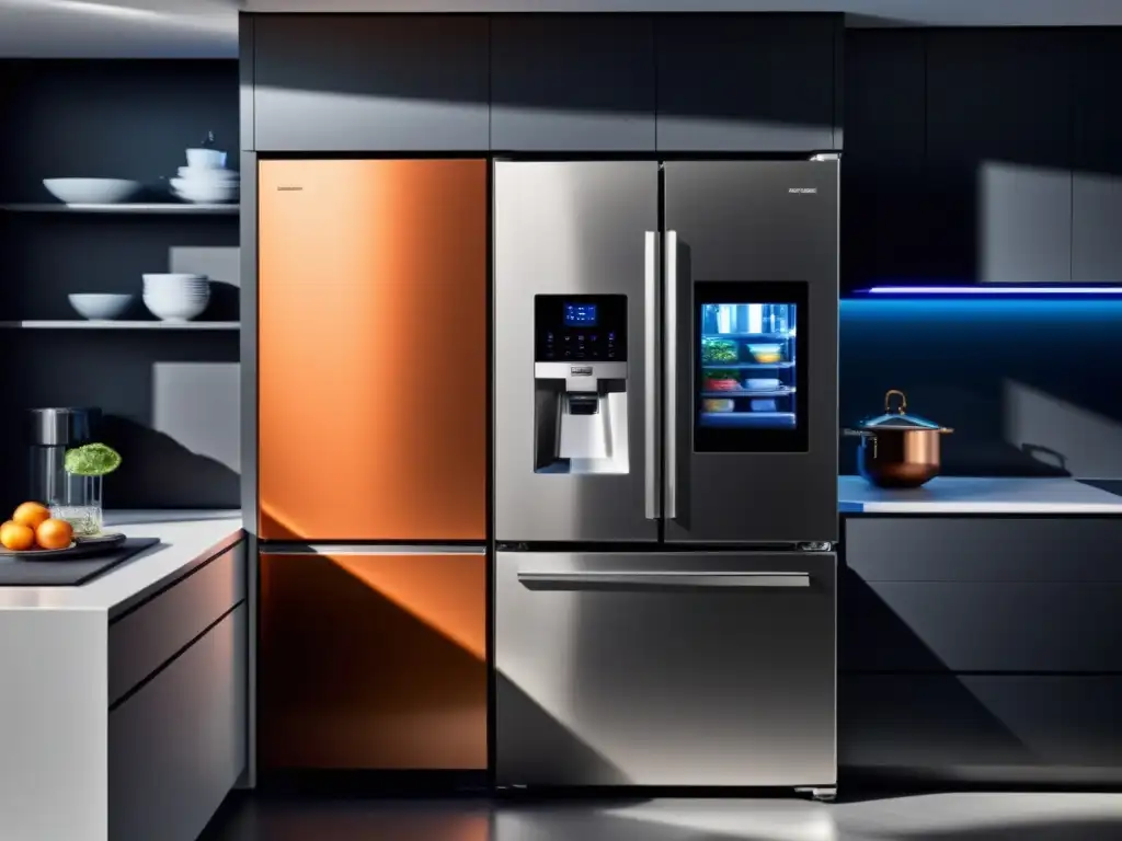 Espacio de cocina moderna con electrodomésticos conectados y refrigerador de diseño elegante y activado por voz