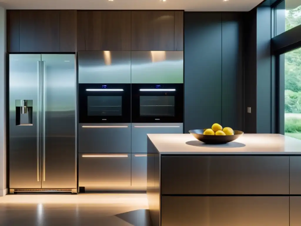 Espacio de cocina moderna con electrodomésticos ecoamigables y diseño sostenible, iluminado con LED para un ambiente acogedor y elegante