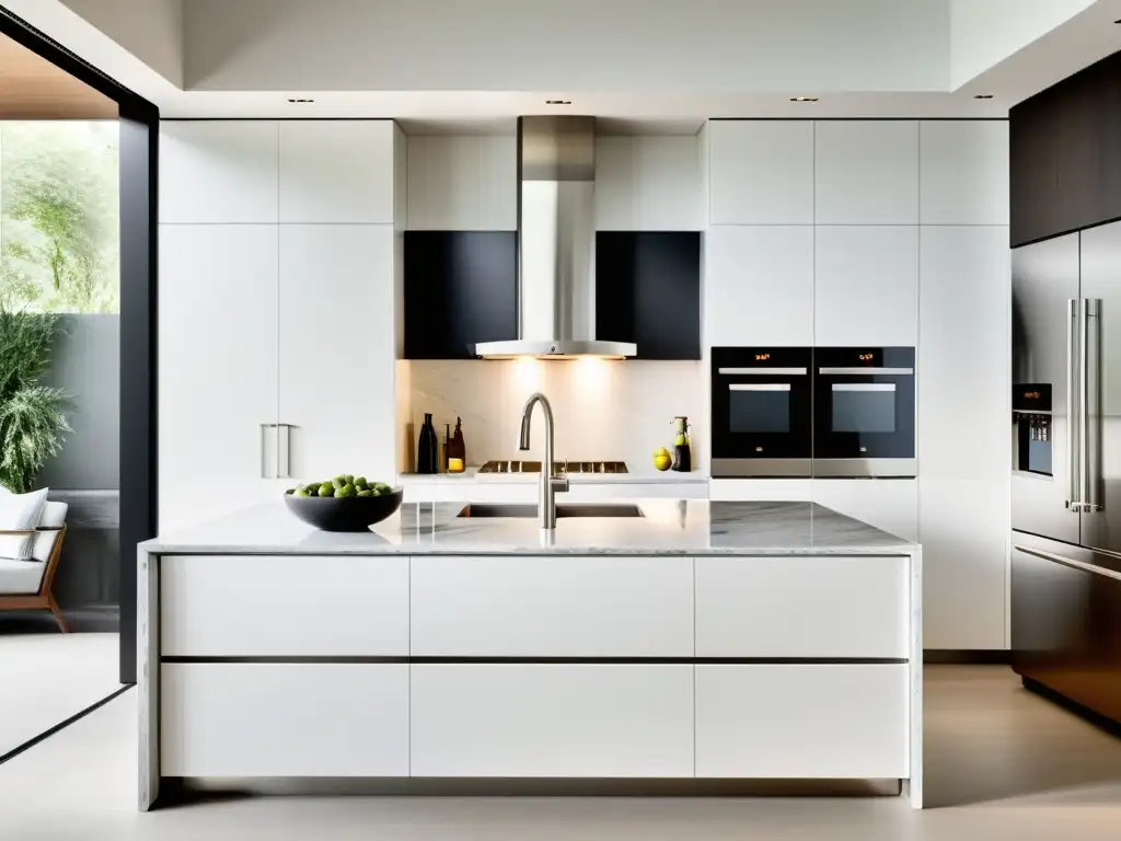 Espacio de cocina moderna y elegante con electrodomésticos de alta gama integrados en mobiliario blanco minimalista y encimera de mármol