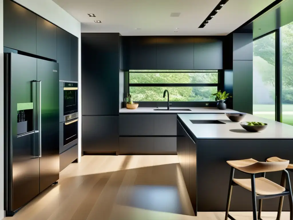 Un espacio de cocina y sala de estar ultramoderno con electrodomésticos integrados en el living, acabados en negro mate y elementos de diseño minimalista