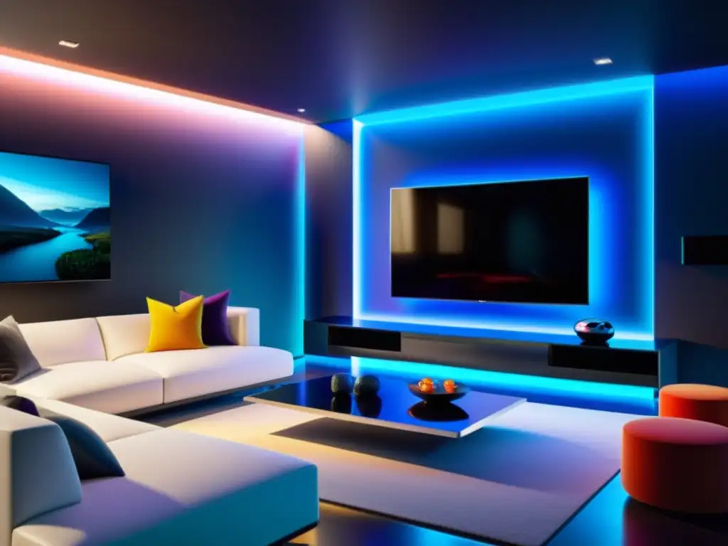 Espacio de entretenimiento futurista con integración de sistemas de sonido y Smart TV