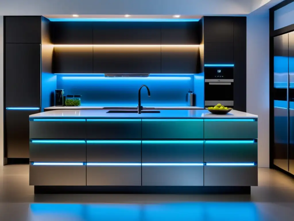 Cocina moderna con iluminación LED: un futuro brillante Un espacio futurista y elegante en la cocina con luces LED resaltando electrodomésticos, mostrando la tecnología hogareña de vanguardia