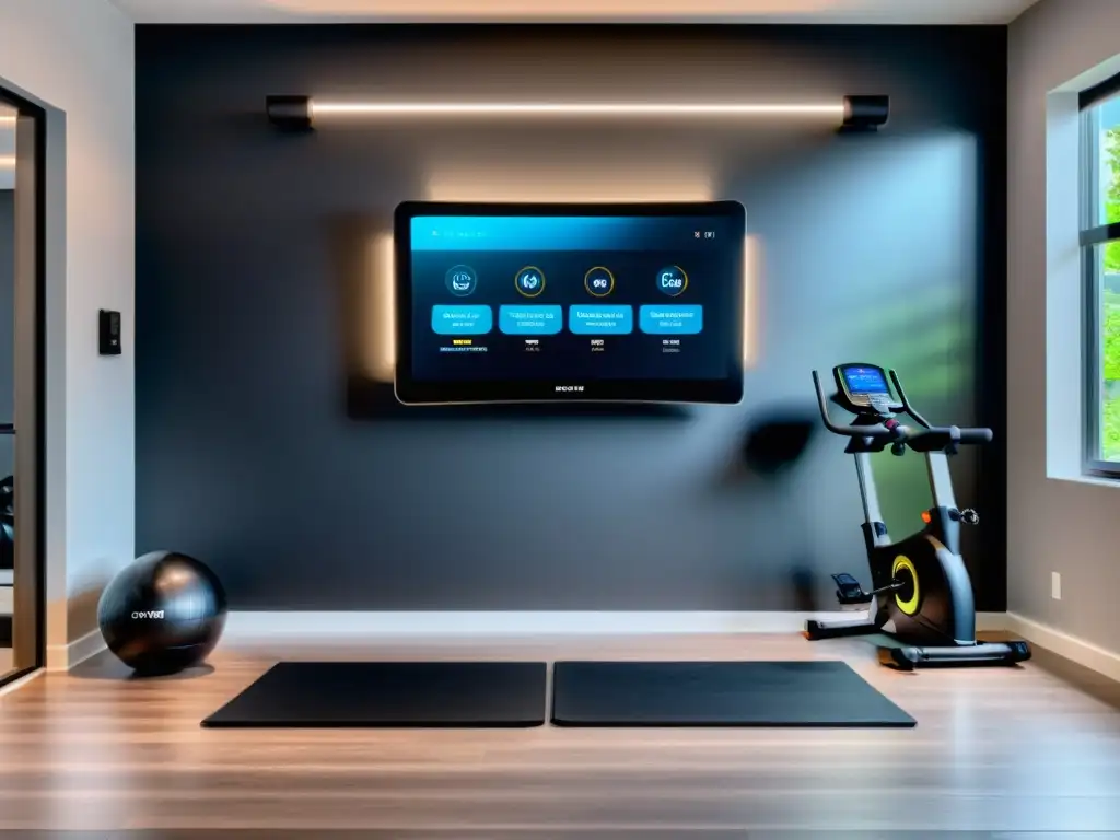 Espacio de gimnasio en casa con equipo ejercicio inteligente tecnología hogar, diseño moderno y motivación en las paredes