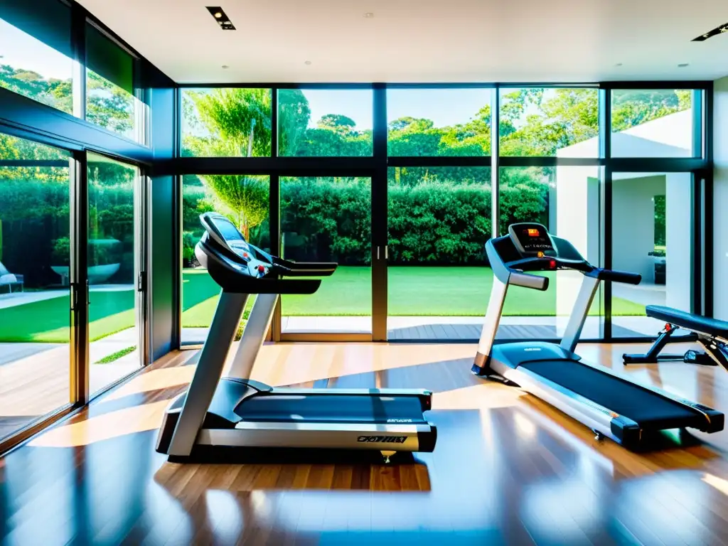 Espacio de gimnasio en casa con equipo moderno en negro y plata frente a ventanales con vista a un jardín