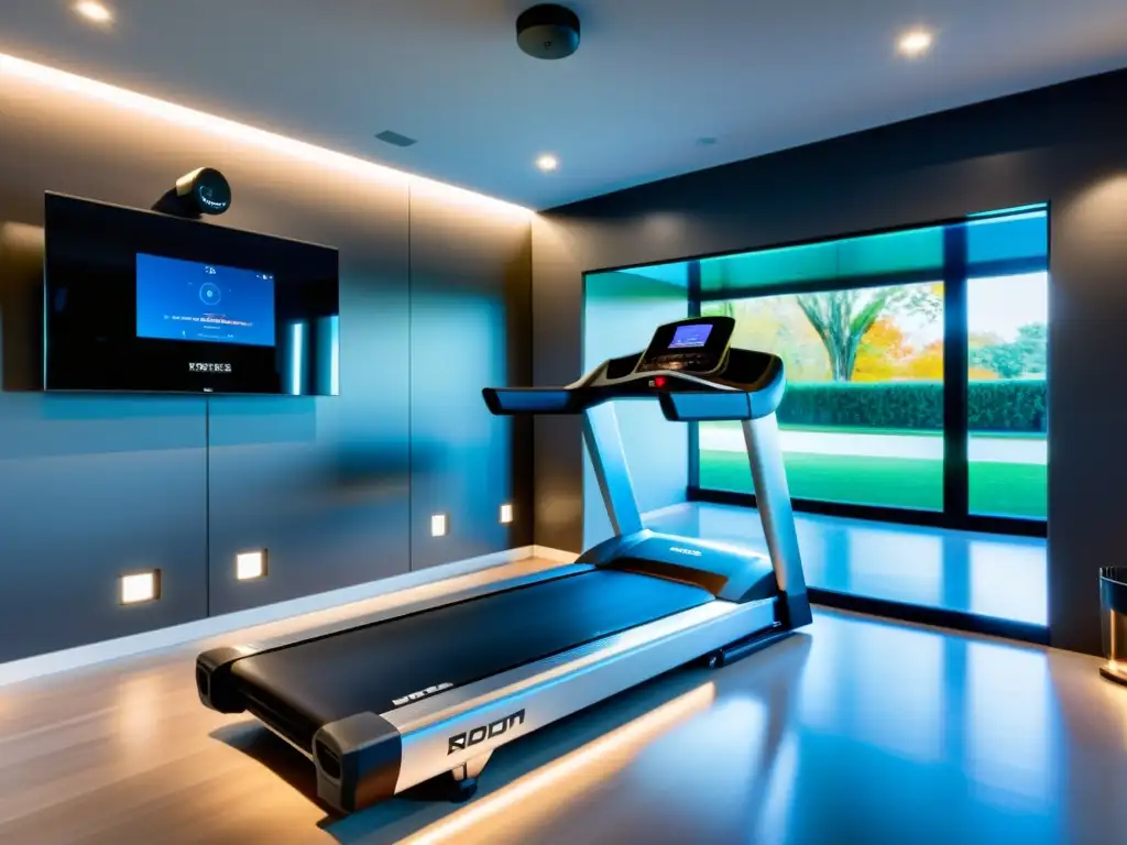 Espacio de gimnasio en casa con equipos de ejercicio inteligentes para el hogar, iluminado y minimalista