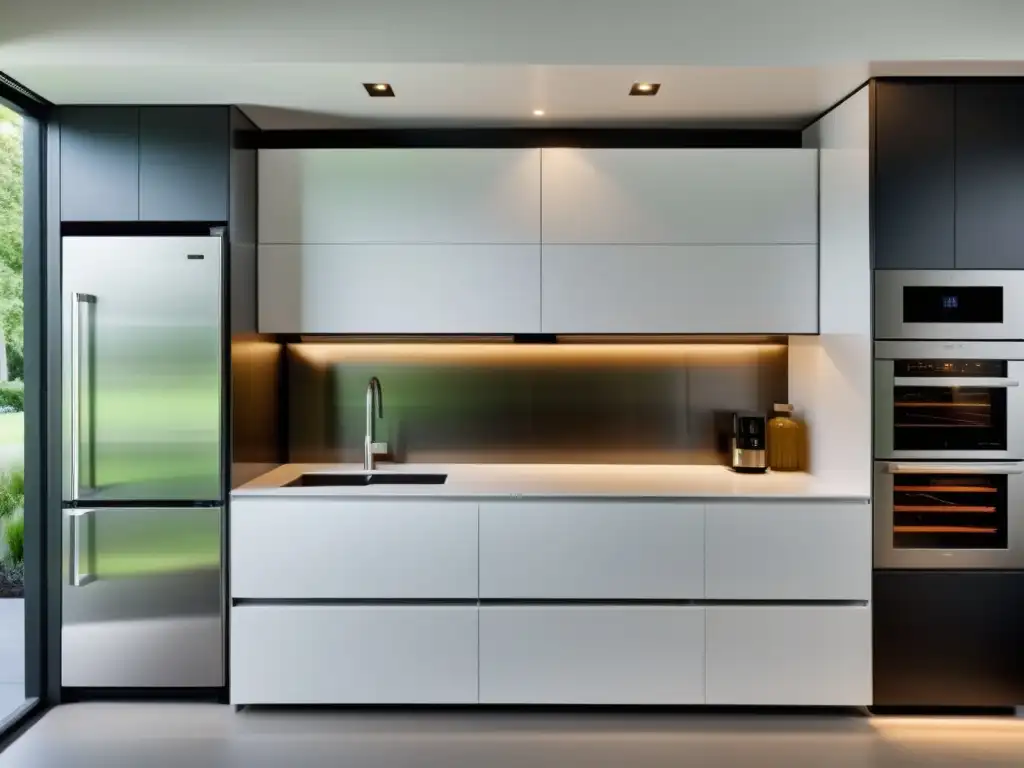 Espacio moderno con electrodomésticos para espacios pequeños integrados en una cocina compacta y eficiente, con diseño minimalista y contemporáneo