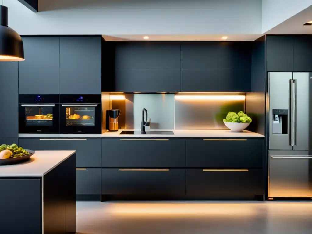 Espacio moderno con electrodomésticos multifuncionales para cocina, diseño elegante en acero y negro mate, iluminado con luz natural