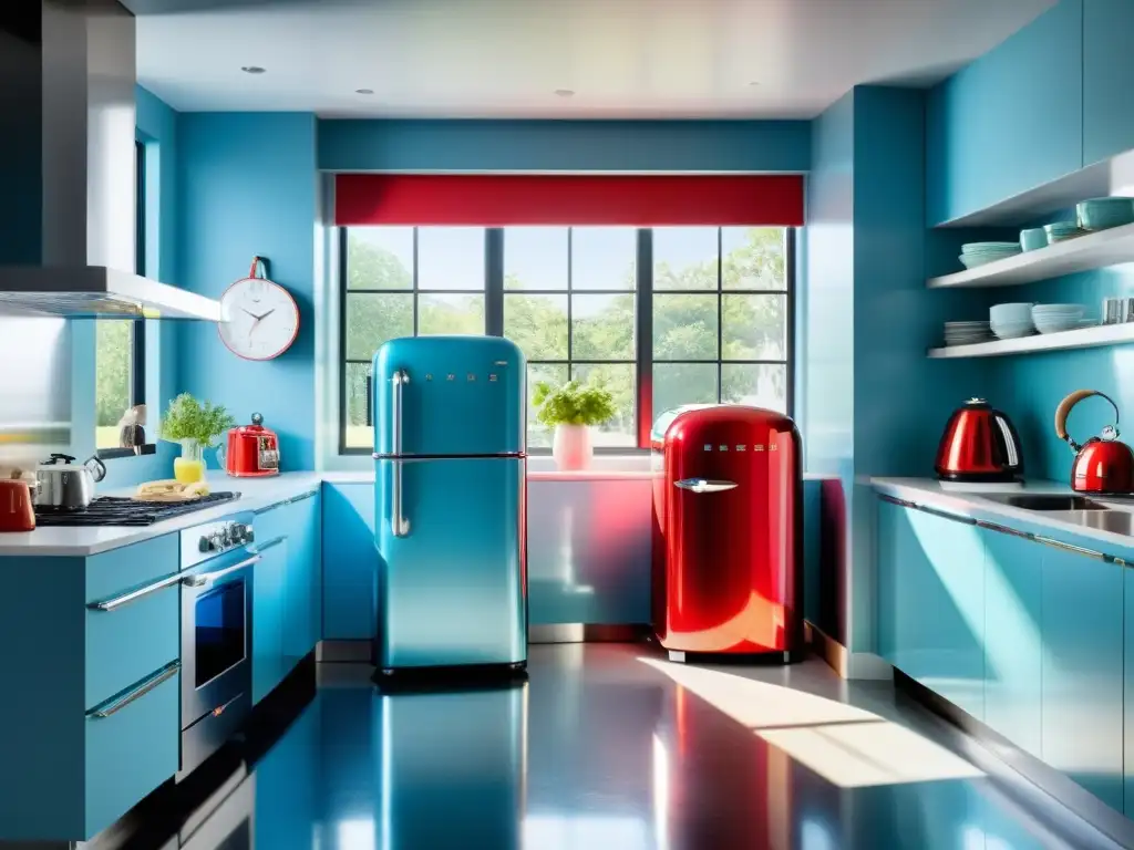 Espacio moderno con electrodomésticos retro para transformar espacio, incluyendo refrigerador rojo y batidora azul pastel