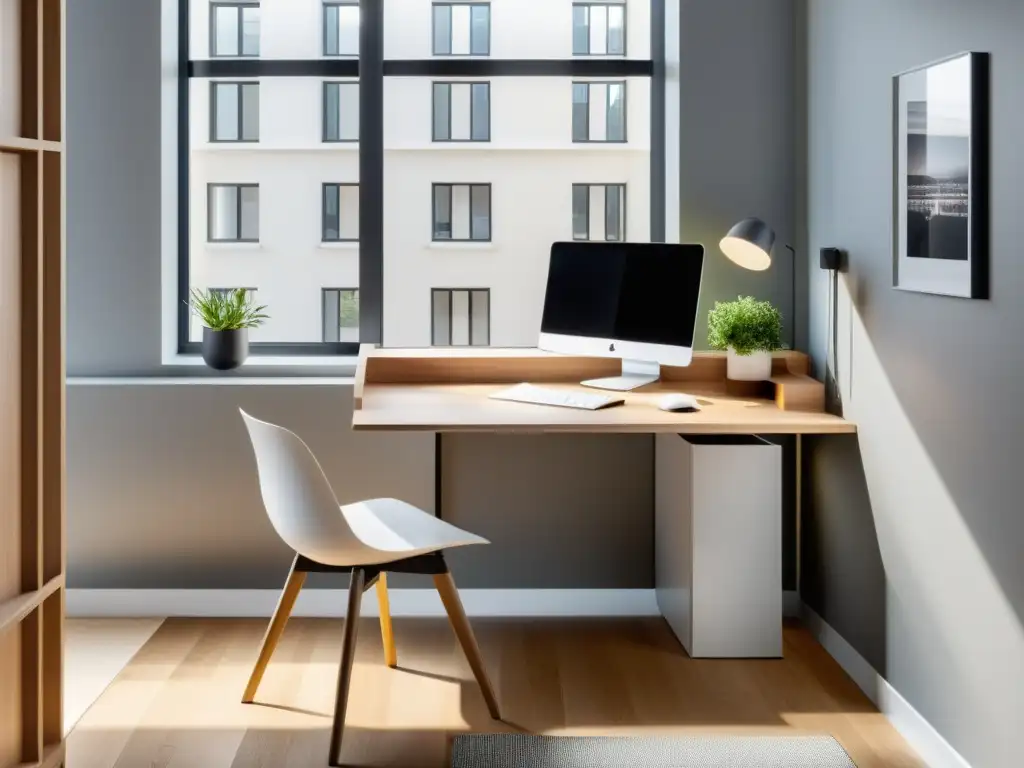 Un espacio de trabajo compacto y moderno en un elegante apartamento con soluciones tecnológicas para espacios pequeños