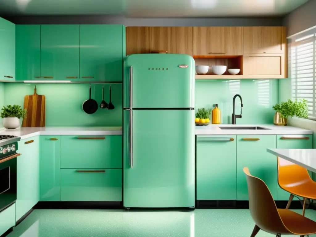 Espaciosa cocina moderna con electrodomésticos retro, como un refrigerador verde menta, creando un ambiente nostálgico y elegante