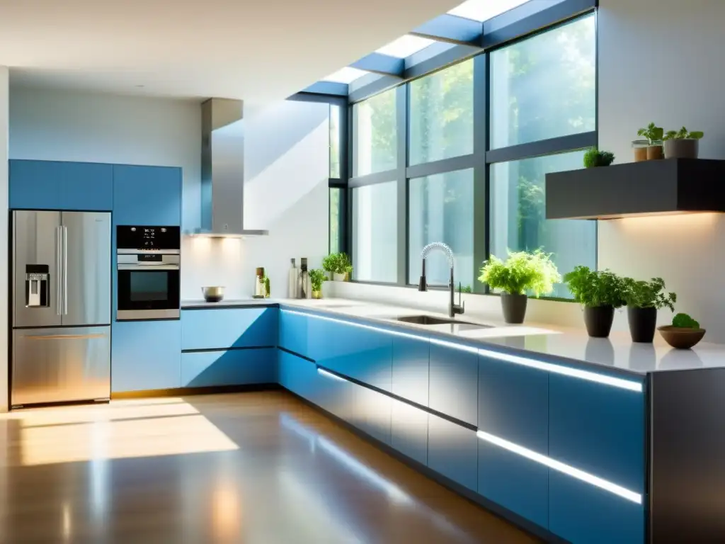 Espaciosa cocina moderna con electrodomésticos solares para ahorro energético, iluminada por la luz del sol y ambiente eco-lujoso