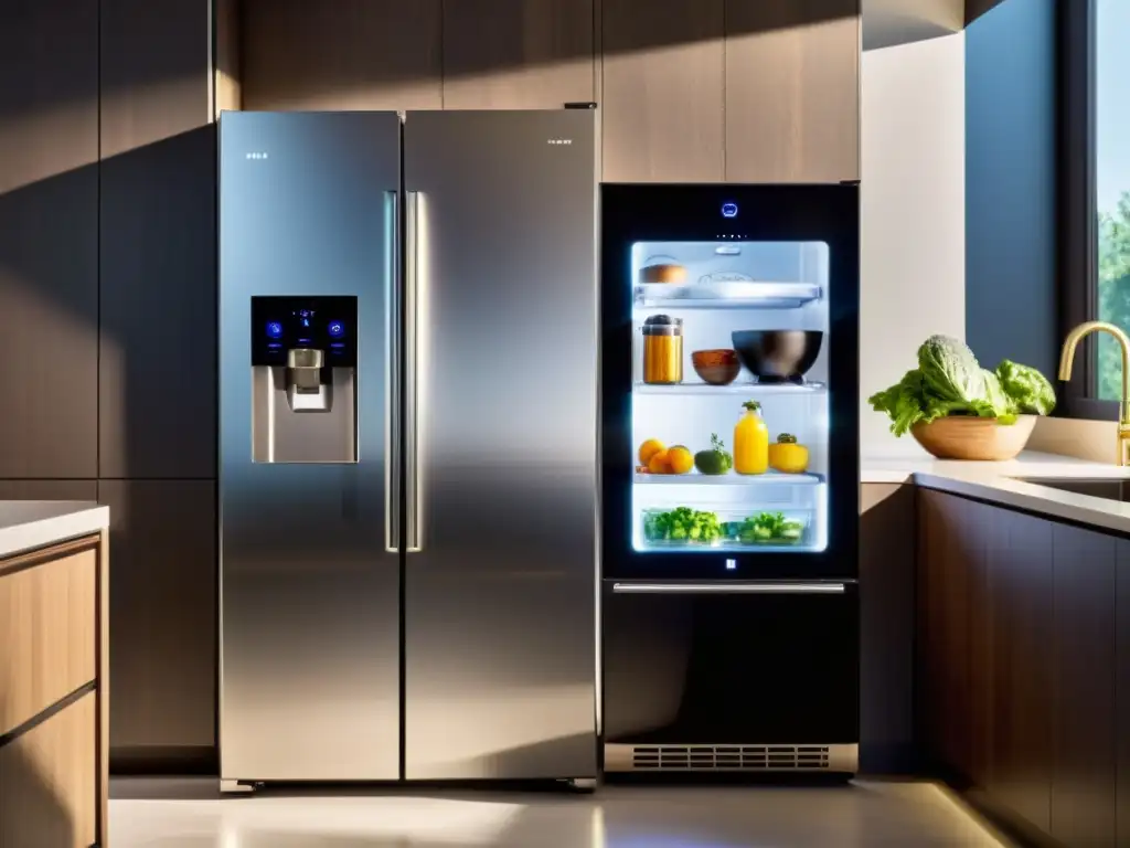 Espaciosa cocina moderna con un refrigerador inteligente futurista como punto focal, mostrando apps para planificación de comidas y listas de compras