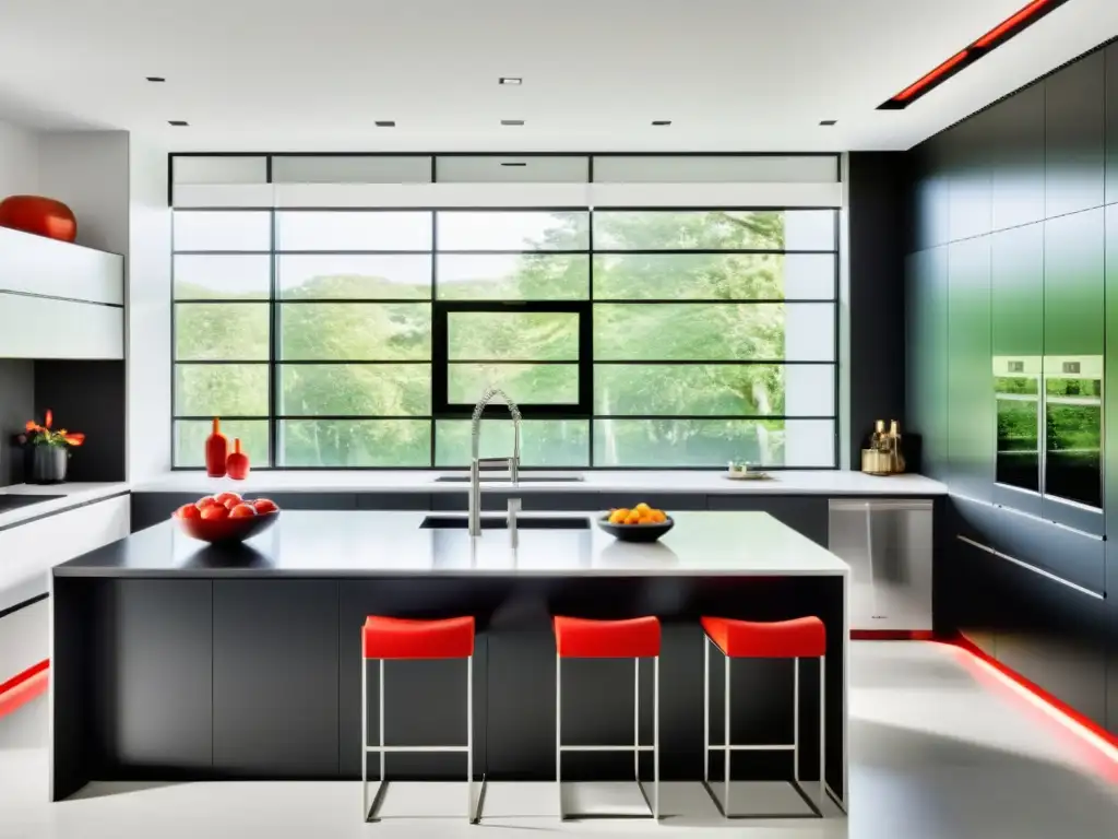 Espacioso diseño moderno con electrodomésticos de diseño y tecnología en una cocina minimalista en blanco y negro con toques de rojo vibrante