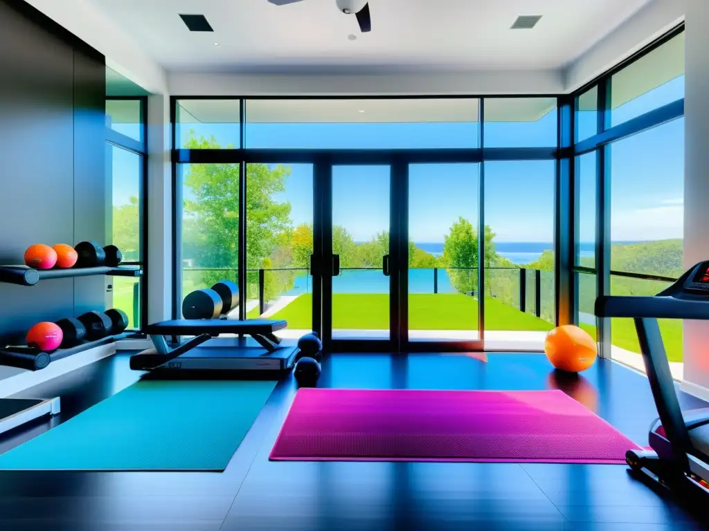 Espacioso gimnasio doméstico moderno con equipo negro y plateado, ventana con vista serena y toques vibrantes de color