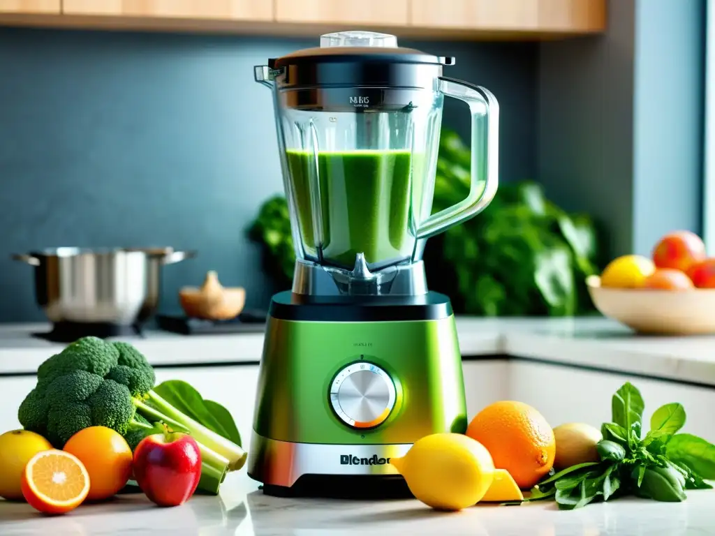 Un espectacular blender moderno preparando un smoothie verde vibrante con frutas y verduras frescas