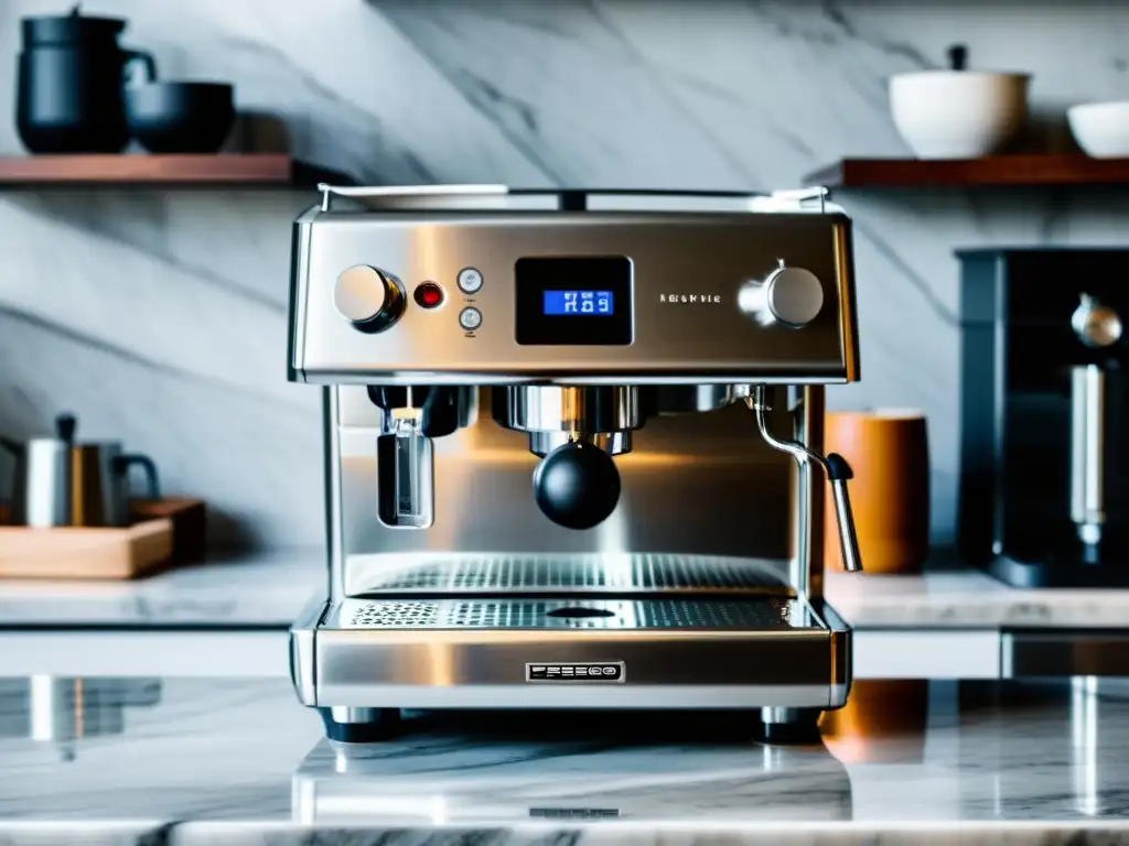 Espresso machine de diseño artesanal en elegante cocina escandinava con electrodomésticos de acero y madera