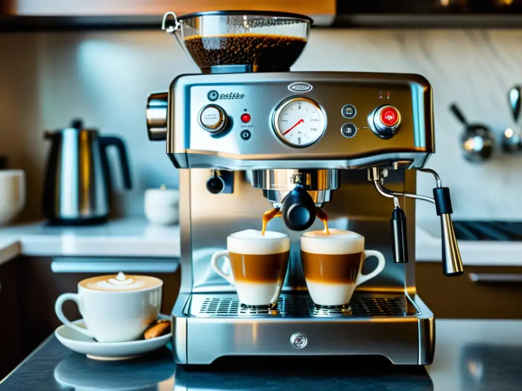 Espresso perfectamente vertido de una máquina retro en una cocina moderna con diseño retro electrodomésticos modernos