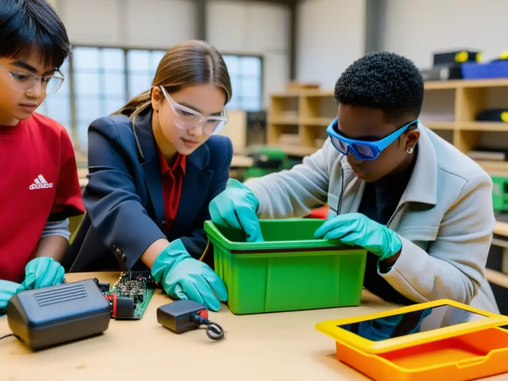 Estudiantes desmontando electrodomésticos en un taller con sus profesores, mostrando la importancia del reciclaje de electrodomésticos