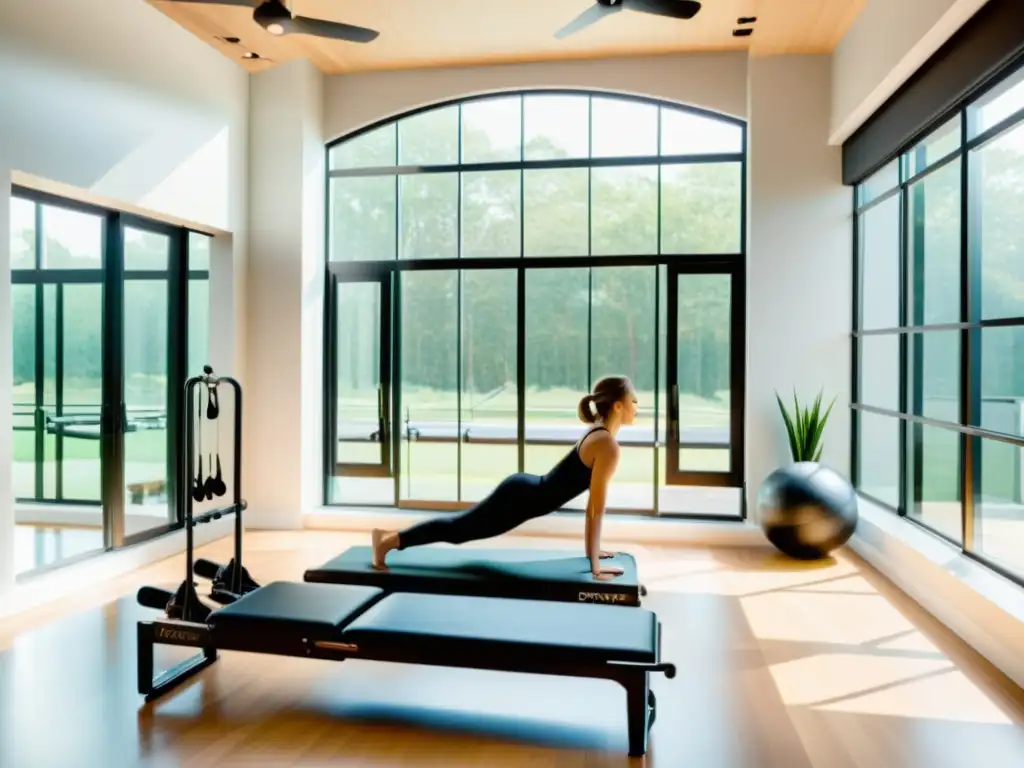 Estudio de Pilates en casa con equipos inteligentes para Pilates en casa, bañado por luz natural y ambiente de serenidad y lujo