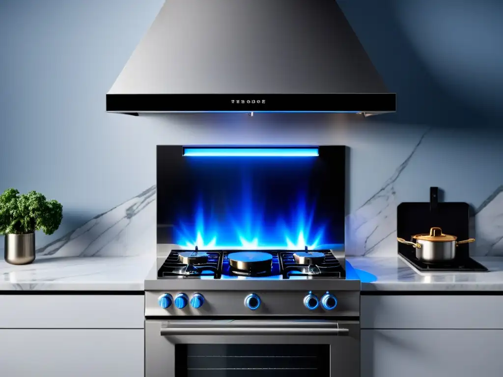 Estufa a gas moderna con pantalla táctil LED y llamas azules, en una cocina contemporánea con tecnología de gas