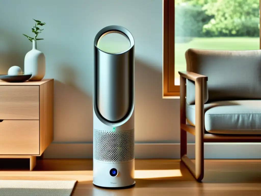 Experiencias purificador aire Dyson en ambiente moderno y sereno con luz natural y plantas