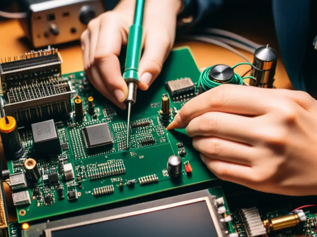 Un experto en electrónica soldando minuciosamente circuitos en un taller, rodeado de electrodomésticos obsoletos