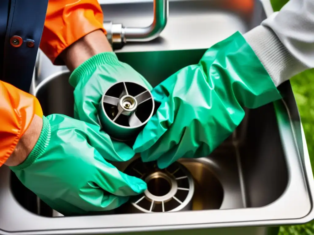 Un experto utiliza guantes protectores y una herramienta especializada para limpiar con cuidado un triturador de basura