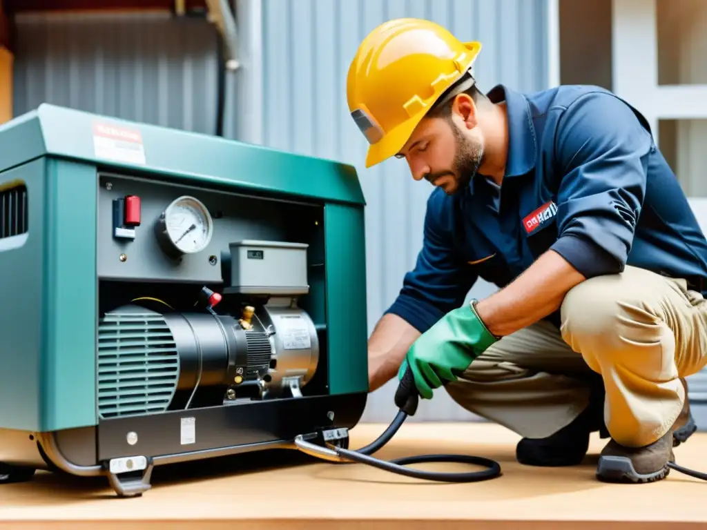 Un experto en mantenimiento inspecciona con cuidado un generador eléctrico en un taller bien iluminado y organizado