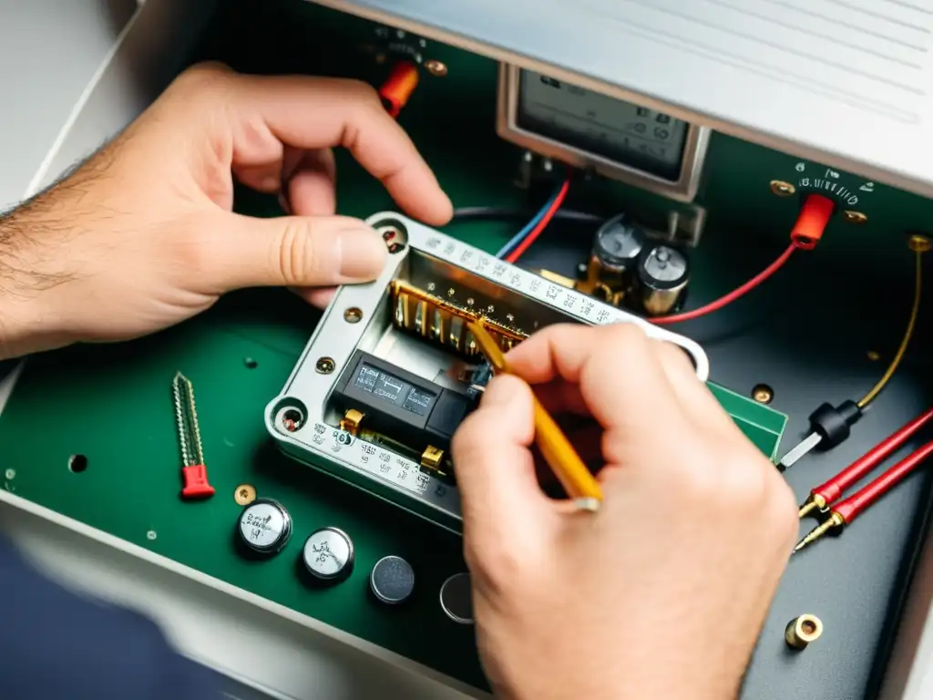 Un experto meticuloso reparando termostato calefactor eléctrico, con herramientas ordenadas y expresión concentrada