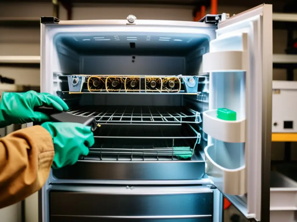 Un experto en reciclaje desmonta un viejo refrigerador en un taller, resaltando el proceso de reciclaje de electrodomésticos viejos para ganar dinero