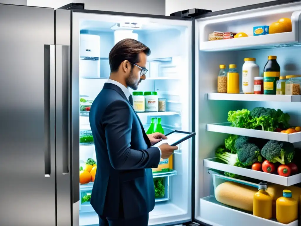 Un experto en refrigeradores inspecciona con determinación el interior de un moderno frigorífico