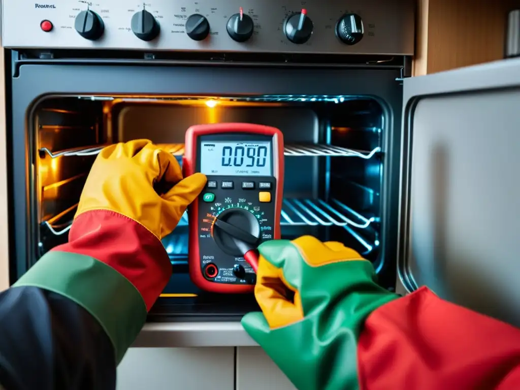 Un experto realiza una reparación de resistencia de horno eléctrico con precisión en un entorno de cocina moderna y bien iluminada