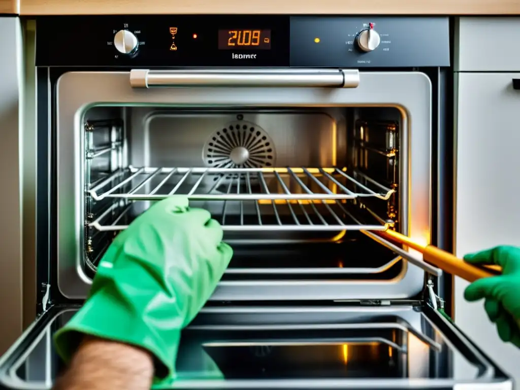 Un experto repara la resistencia del horno eléctrico con precisión y cuidado, usando guantes protectores y herramientas especializadas