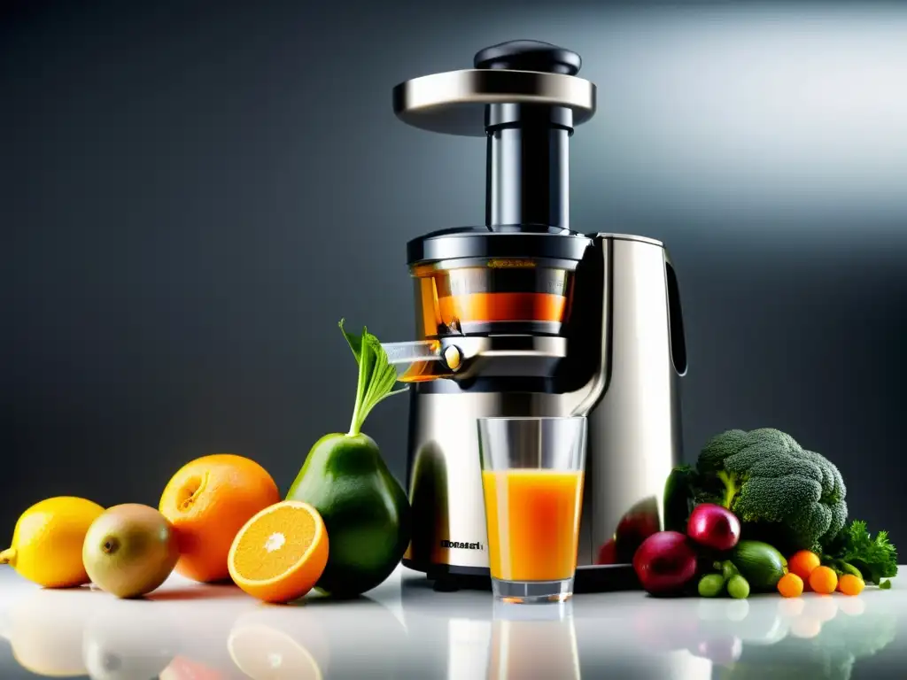 Exprimidor de alta tecnología exprimiendo frutas y verduras, capturando cada gota de jugo colorido y nutritivo