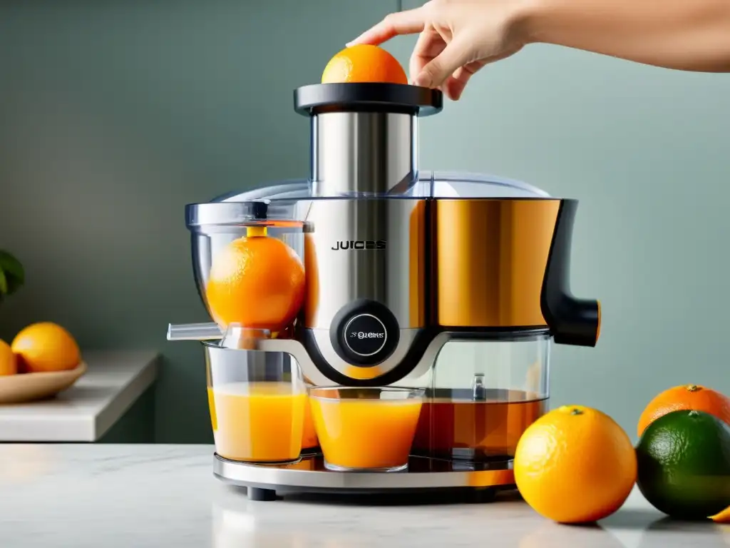 Exprimidor de alto rendimiento premium extrayendo jugo de naranjas vibrantes en una cocina contemporánea