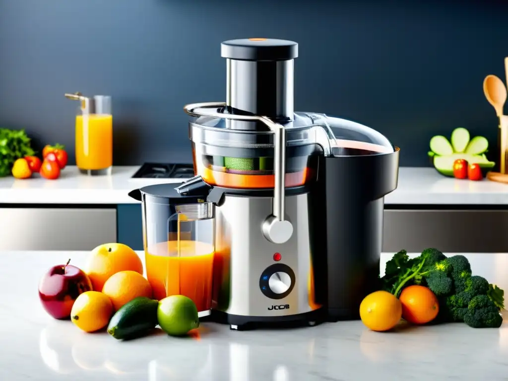 Exprimidor automático en cocina moderna con frutas y verduras frescas