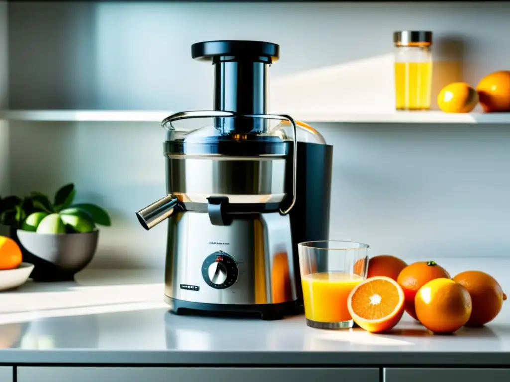 Exprimidor automático moderno en una cocina blanca, extrayendo jugo de naranja fresco